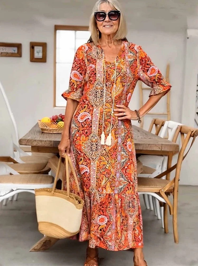 Mevelyn - Bohemian Paisley Tassel Tie Dress