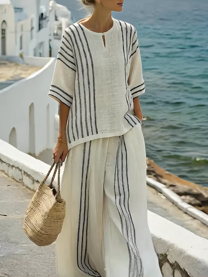 Loose Slit Contrast Striped Pants Set
