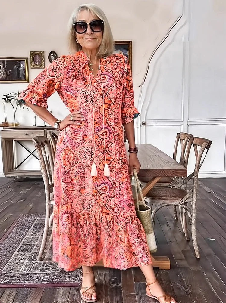 Mevelyn - Bohemian Paisley Tassel Tie Dress