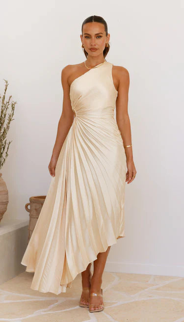 SYLVIANA® ONE-SHOULDER PLEATED MIDI DRESS